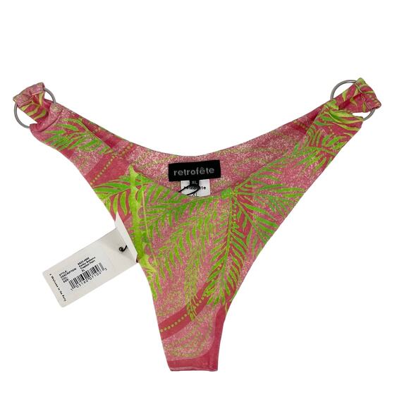 RETROFETE Kailey Bikini Bottom Tropical Palm Ring Loop Stretch Green Pink XL NEW - Picture 1 of 6